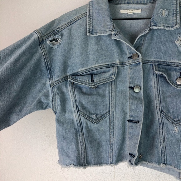 Pacsun Crop Jean Jacket Distressed Denim Button - Picture 5 of 9